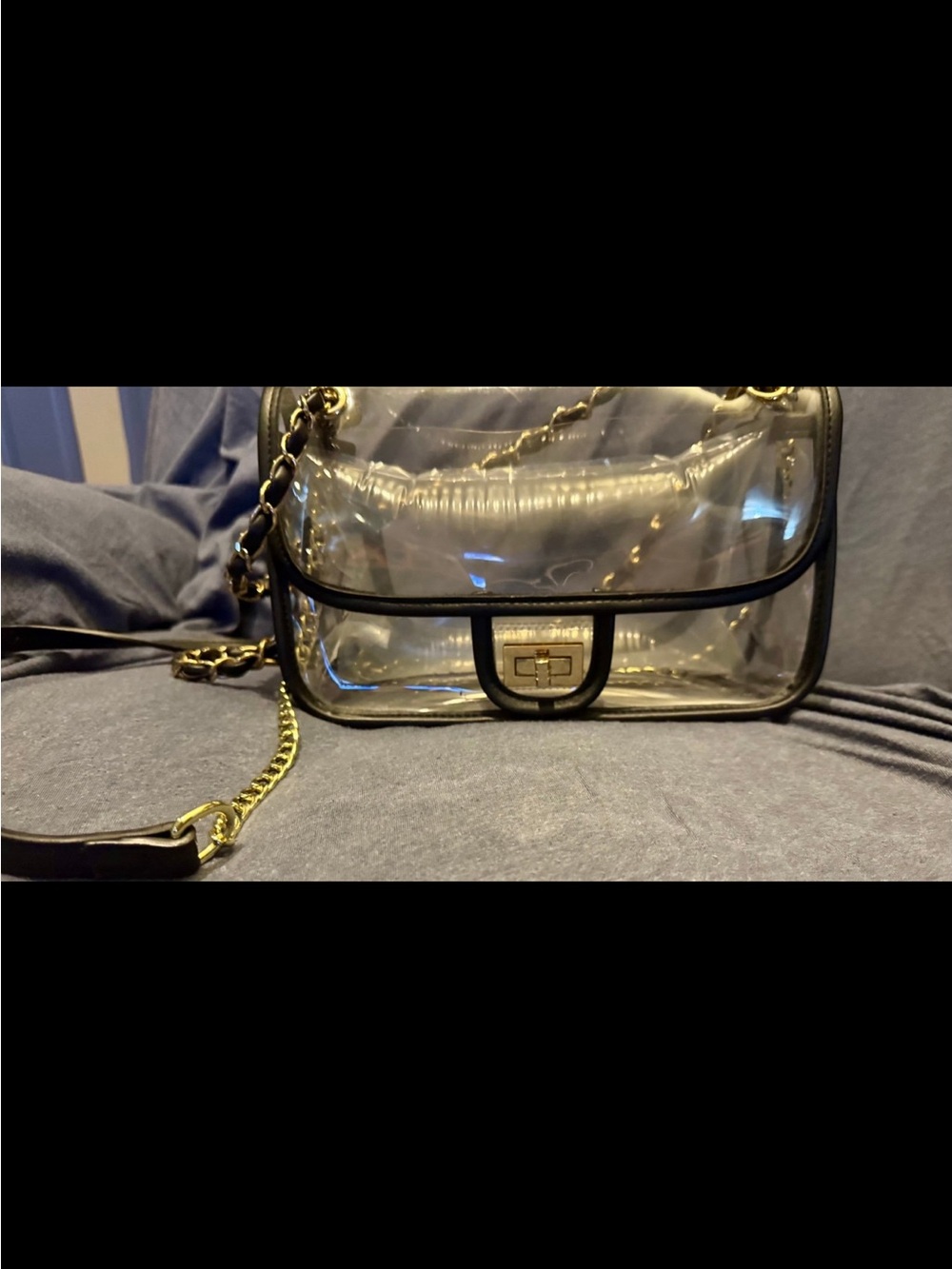 Clear Stadium Crossbody Bag with Gold Chain Strap - Black Trim